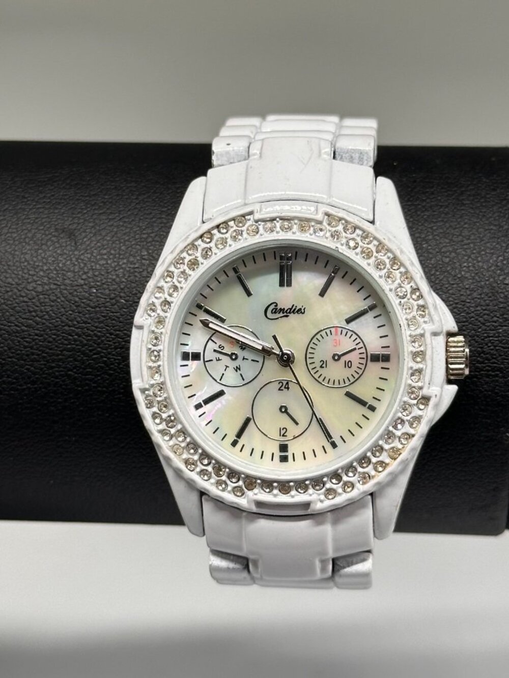 Candies Watch Women Silver Tone White Crystal Bezel MOP Dial New Battery 7.5"